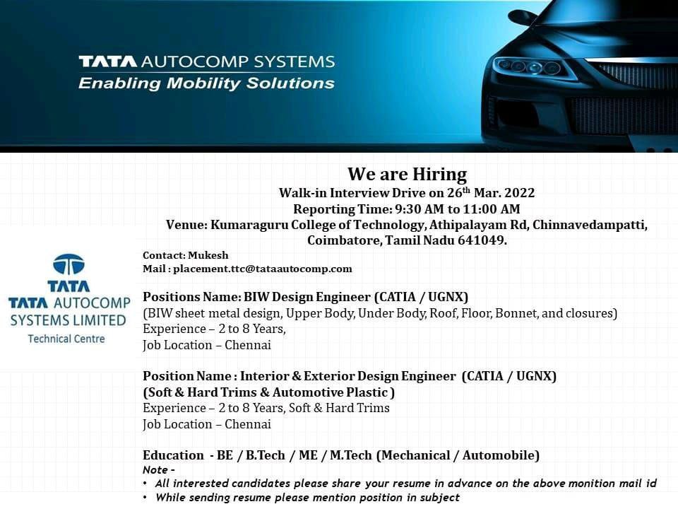 Design Engineer and Interior and Exterior design engineer Tata Auto comp